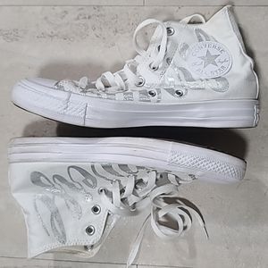 Converse White silver cursive high top